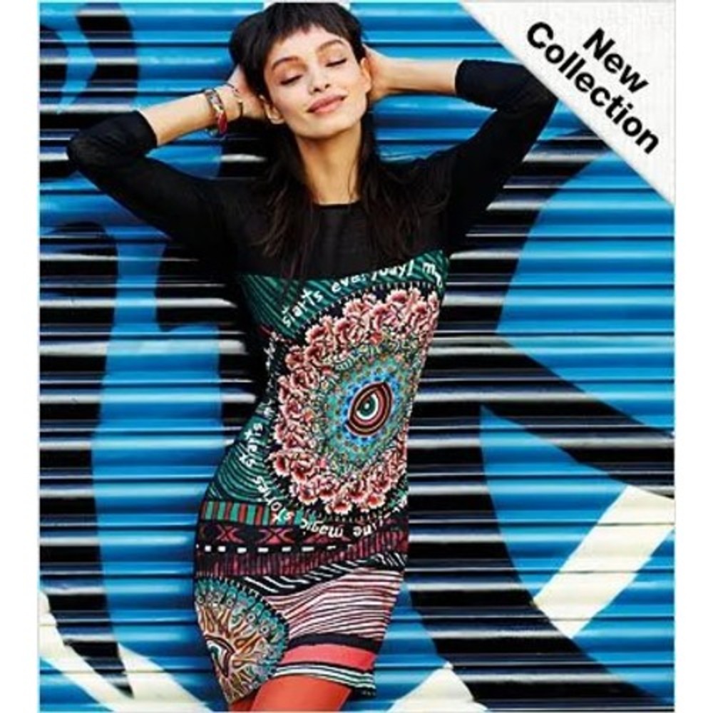 Desigual Long Sleeve Sheer Top Dress Womens 44/LG Black Mandala Graphic Festival